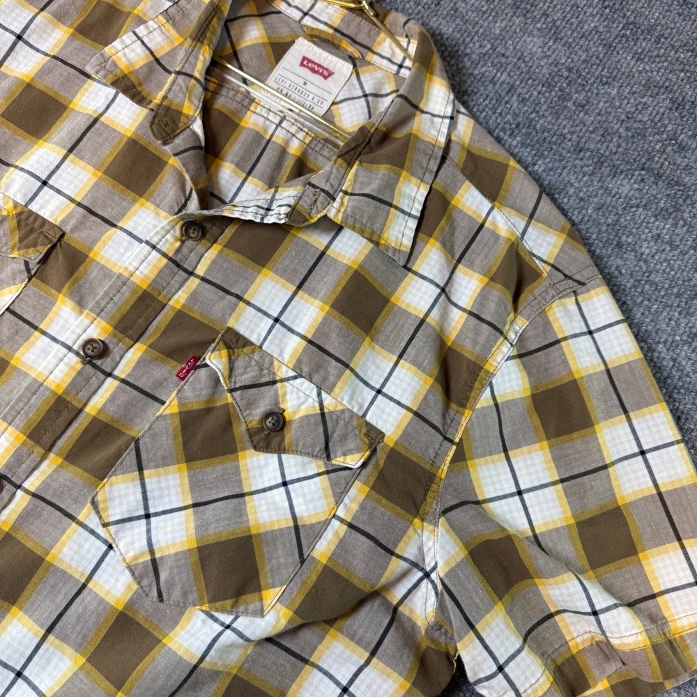 Levis Mens Plaid Short Sleeve Button Down Shirt Brown Yellow 3LGSW1756 Size M